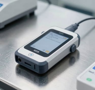 A sleek, handheld medical data acquisition device resting on a clean brushed metal surface in a bright laboratory, professional depth of field, focused on precision engineering.