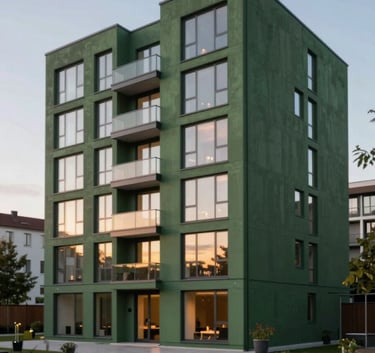 A modern Scandinavian apartment building at dusk, featuring large glass windows and clean architectural lines. The lighting is warm, highlighting the Matte Forest Green (#3F5E42) of the surrounding landscaping. Professional architectural photography style.