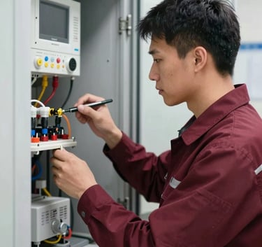 A technician in a professional uniform conducting an inspection of a modern utility room. The focus is on precision and expertise, with subtle highlights in Deep Ripe Crimson (#8D2D2D) on his equipment. Clean, sharp focus.