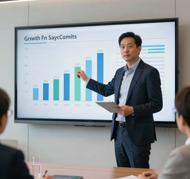 A professional North American business consultant in modern attire presenting growth analytics on a large interactive digital touchscreen in a bright corporate boardroom.