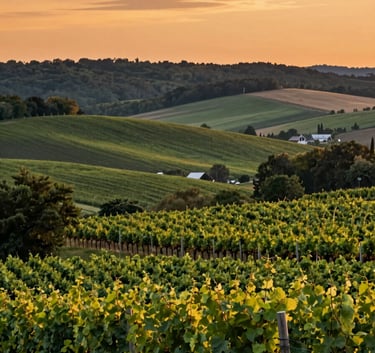 A panoramic, peaceful view of a Hudson Valley farm and winery at sunset, featuring rolling hills and rows of vines, edited in a clean, modern boutique style with deep greens and warm orange light.