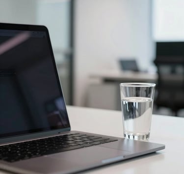 A focused close-up of a modern workstation in a Texas corporate office featuring a high-end laptop, a glass of water, and a blurred background of a clean, minimalist professional environment.