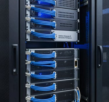 A sleek, professional server room with blue ambient lighting and neatly organized cables, symbolizing secure and scalable IT infrastructure in a North American data center.
