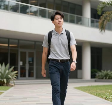 A modern Australian university campus courtyard where an East Asian / Chinese student is walking confidently, representing a successful visa outcome. The atmosphere is bright and aspirational.