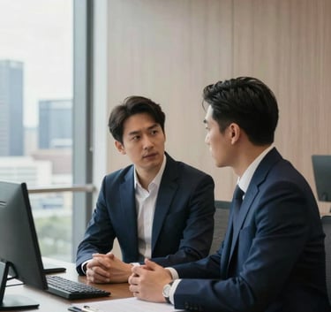A high-end, minimalist professional office interior with an East Asian / Chinese consultant in a professional dark blue suit providing a consultation. Soft natural lighting, polished wood surfaces, and a subtle view of an Australian cityscape through a window.