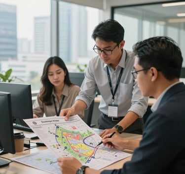 A professional and modern office setting in a Southeast Asian / Indonesian city where staff are looking at community planning maps. The lighting is bright and natural, highlighting a professional and warm atmosphere.