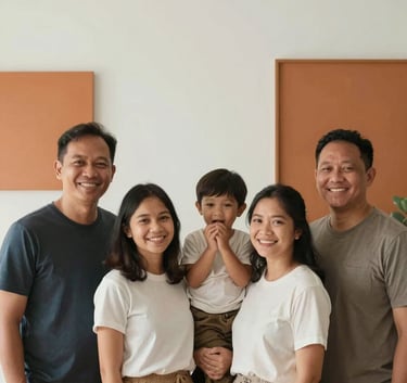 A minimalist, high-quality photograph of a Southeast Asian / Indonesian family smiling together in a modern home. The scene is bright with soft off-white walls and warm orange accent decor, conveying safety and empowerment.