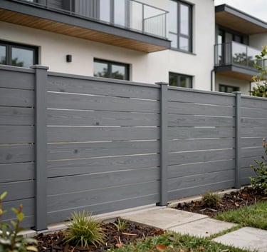 A professional wide shot of a modern residential property in Lithuania featuring a newly installed horizontal grey wooden fence and clean landscaping.