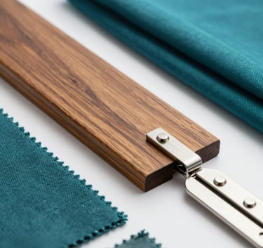 A curated flat-lay of premium boat and caravan building materials: polished teak wood, high-grade marine stainless steel, and luxury fabric swatches in the brand's teal palette, signifying unwavering quality.