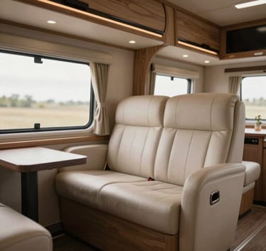 A close-up shot of the interior of a luxury custom-made caravan, showing high-quality wood finishes and premium upholstery in tones of #4A6D6C and #F2F7F6. Soft, natural light enters through a large window, emphasizing clean, modern lines.