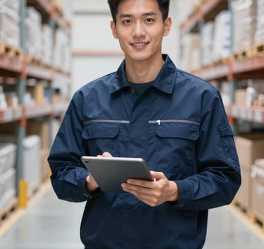 A professional logistics manager in a navy blue uniform holding a tablet in a bright, modern warehouse setting, high-key lighting, business professional mood.