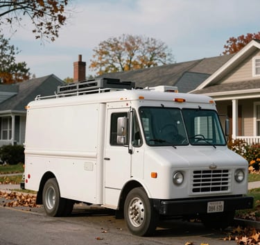 A nostalgic-style photograph of a vintage electrical service truck parked in a leafy Skokie, Illinois residential street during the autumn, conveying a legacy with soft white and slate blue sky.