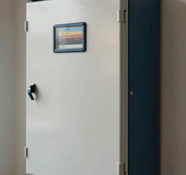 A close-up, sharp photograph of a modern residential electrical panel with neat wiring, natural daytime lighting in a North American / US basement, featuring soft white and deep navy blue tones.
