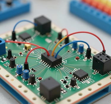 A detailed close-up of a breadboard circuit with neat wiring in a North American / US school setting, sharp focus on the electronic components, Sage Green and Dusty Sky Blue accents in the background.
