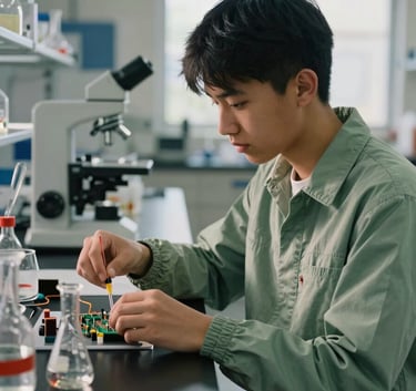 A focused North American / US high school student working in a modern science laboratory, soft morning light illuminating scientific glassware and circuit components on the desk, professional academic atmosphere using Deep Charcoal and Sage Green tones.