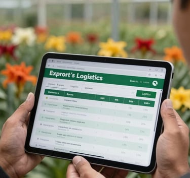 Close-up of a digital tablet held by a South American agricultural manager showing export logistics data, blurred greenhouse background with colorful blooms.