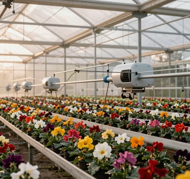 Wide shot of a South American greenhouse at sunrise, showing automated rows of vibrant flowers and modern irrigation systems, cinematic lighting, emphasizing growth and technology.