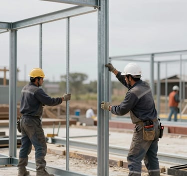 Professional construction workers precisely assembling a steel frame wall on a clean site in Uruguay. The focus is on the precision of the steel studs and professional tools. The aesthetic is industrial, clean, and dominated by shades of gray and white.