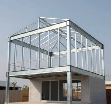 A striking modern house under construction showing the high-quality galvanized steel frame structure. The sky is clear, lighting is bright and professional. The image conveys modern efficiency and structural integrity, using the brand's metallic and neutral palette.