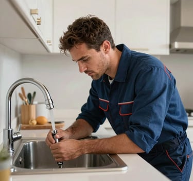 A professional plumber in Midnight Blue work uniform repairing a sink in a modern Spanish kitchen, natural light, focused and reliable expression, Southern European / Spanish setting.