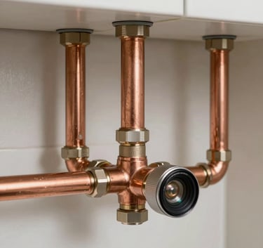 Close-up of high-quality copper piping and modern water installation components in a clean residential utility room in Spain, crisp professional photography.