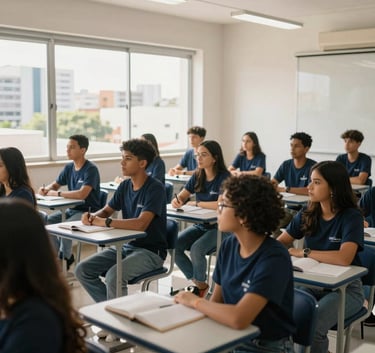 A brightly lit, modern classroom in a South American / Brazilian city, students engaged in a professional training seminar, clean composition, warm natural light coming through large windows, palette of dark blue and off-white, high-quality professional photography.