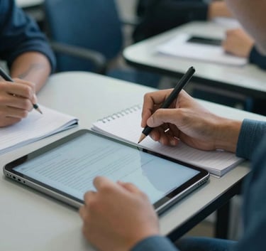 Close-up of hands taking notes on a tablet during a lecture in a Brazilian university setting, professional environment, soft lighting, focus on interaction, muted blue and light gray-blue color palette, professional photography.