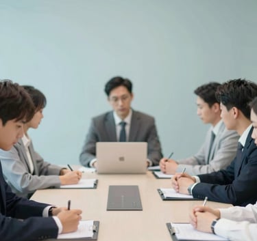 A professional team meeting in a high-tech boardroom, focused on efficiency and collaboration, with subtle #778DA9 color accents in the decor.