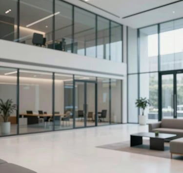 Wide shot of a modern, clean corporate office lobby with glass walls and minimalist furniture, reflecting professional and sophisticated atmosphere with #0D1C2E tones.