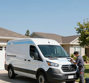 A white service van with subtle sky blue accents parked in a sunny North American suburban driveway, a technician is efficiently preparing tools near the vehicle, wide angle, bright and empowering mood.