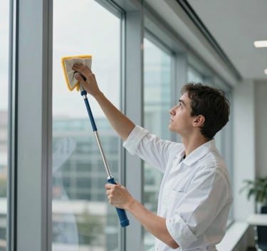 A professional cleaner in a subtle white uniform polishing the windows of a modern Southern European office. The composition is clean and focused on detail, with soft blue-grey and white colors throughout the scene.