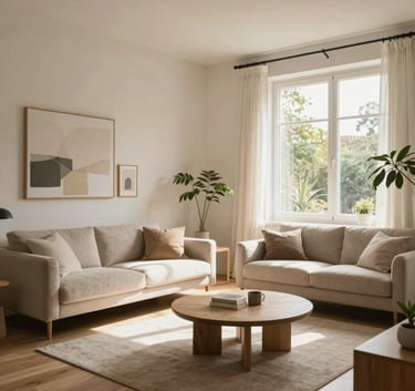 A lifestyle photograph of a bright Southern European / Italian living room with minimalist furniture, large windows, and a fresh atmosphere. The lighting is warm and natural, conveying comfort and cleanliness in a professional manner.