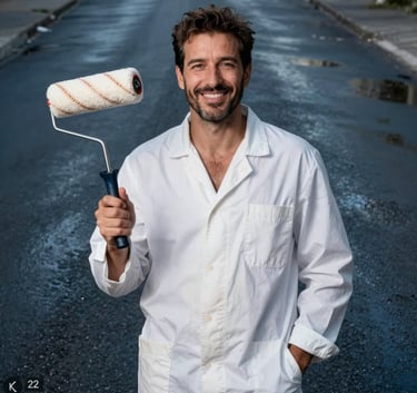 Professional studio photography of a friendly Turkish / Anatolian painter in clean white work clothes, holding a high-quality roller, smiling reliably. Background is a wet asphalt blue color.