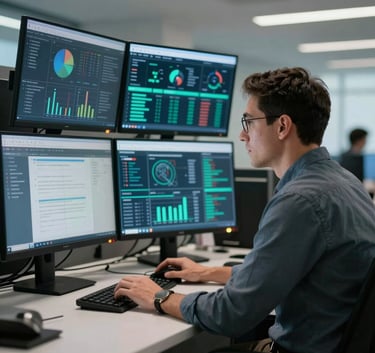 A professional analyst in a North American / Global Business office looking at multiple sleek monitors displaying data visualizations, sophisticated medium blue and green lighting.