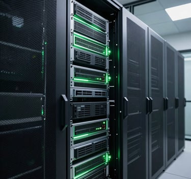 A professional high-tech server room with soft light green lighting on the racks, North American / Global Business setting, modern and clean data center photography.