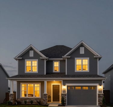 A wide shot of a modern North American / US suburban home at dusk, windows glowing with warm, reliable light against a deep slate grey sky.