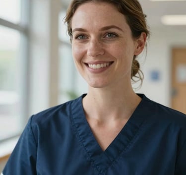 A professional close-up of a European / British nurse in a dark blue uniform smiling warmly in a bright hospital corridor, soft natural lighting, high-quality photography.
