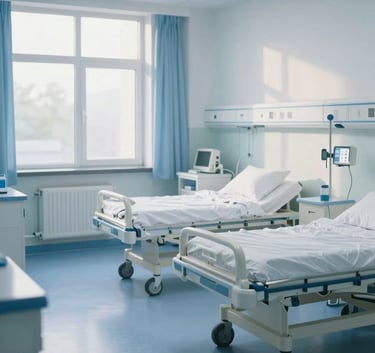 A clean, modern European / British hospital ward with polished floors and bright blue accents, soft morning light streaming through windows, professional medical environment.