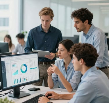 A diverse team of professional IT consultants collaborating in a modern, bright office space in Georgia. They are looking at a large monitor with data charts. The atmosphere is trustworthy and innovative, incorporating #3A8D9B accents.