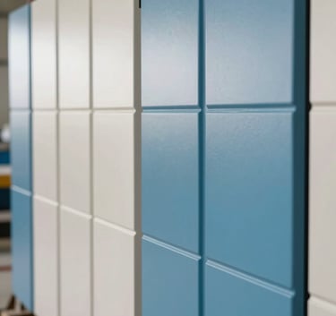 Close-up of high-quality modular wall panels in a South Asian / Indian factory. The finish is a smooth ocean blue and soft off-white, with professional lighting emphasizing the precision of the manufacturing.