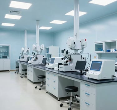 A wide-angle shot of a pristine, sterile cleanroom laboratory in a South Asian / Indian industrial facility. Lighting is bright and even, featuring pale sky blue and soft off-white surfaces and high-tech equipment.