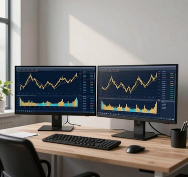 Professional photography of a minimalist trading office in the US, featuring a desk with large monitors displaying gold and navy blue financial charts, soft natural light.