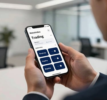 A professional person in a sleek suit holding a high-end smartphone, the screen showing a clean mobile trading interface with navy blue buttons, set in a modern North American / US office.