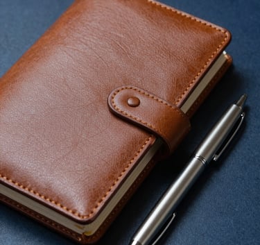 Close-up of a high-quality leather agenda and a minimalist metal pen on a dark blue surface, capturing the essence of administrative professionalism and detail-oriented work in a South American / Brazilian setting.