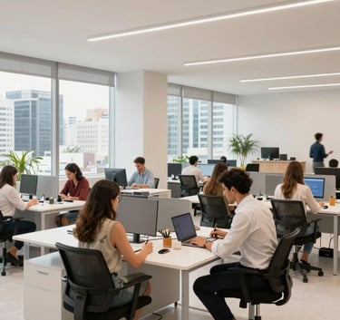 A bright and airy coworking space in a Brazilian business district. The scene shows organized desks, people in smart-casual attire focusing on work, and a clean environment dominated by off-white and light grey colors.