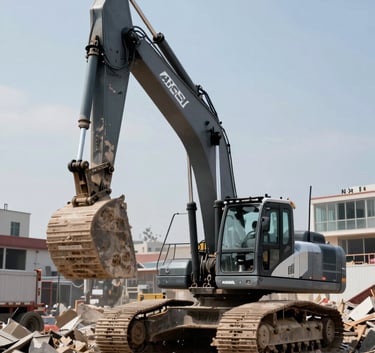 A grounded, realistic shot of an urban demolition project managed by Andrew Horan. Heavy machinery in #4C6A7F tones is captured mid-operation against a clear, bright sky. The composition is clean and focused, highlighting modern efficiency and industrial scale.