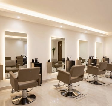 A wide-angle interior shot of a luxurious, modern unisex salon in Mysuru, featuring taupe styling chairs, charcoal accents, and bright, warm lighting. South Asian atmosphere.