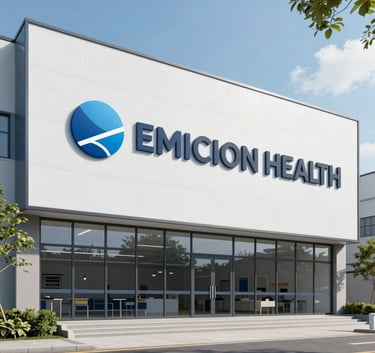 A wide-angle, professional photography shot of a modern pharmaceutical research facility at night. The architecture is sleek glass and steel, illuminated with cool white and soft blue lights. The scene reflects a North American corporate headquarters, conveying trust and scientific innovation.