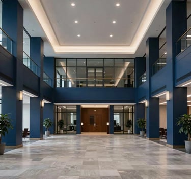 A wide-angle interior shot of a sophisticated Central European corporate lobby with high ceilings and clean lines, featuring a subtle color palette of dark blue and grey, exuding stability and trust.