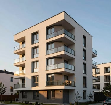 A modern residential property in a Central European neighborhood, captured during the golden hour with soft sunlight hitting the glass windows and clean architectural lines.